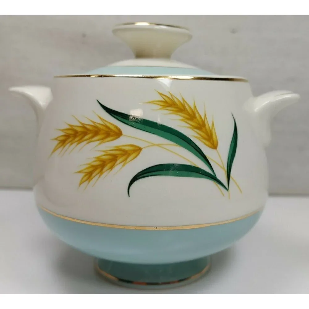 Vintage Blue Viking Wheat Gold Trim Ceramic Sugar Bowl Candle Holder With Lid